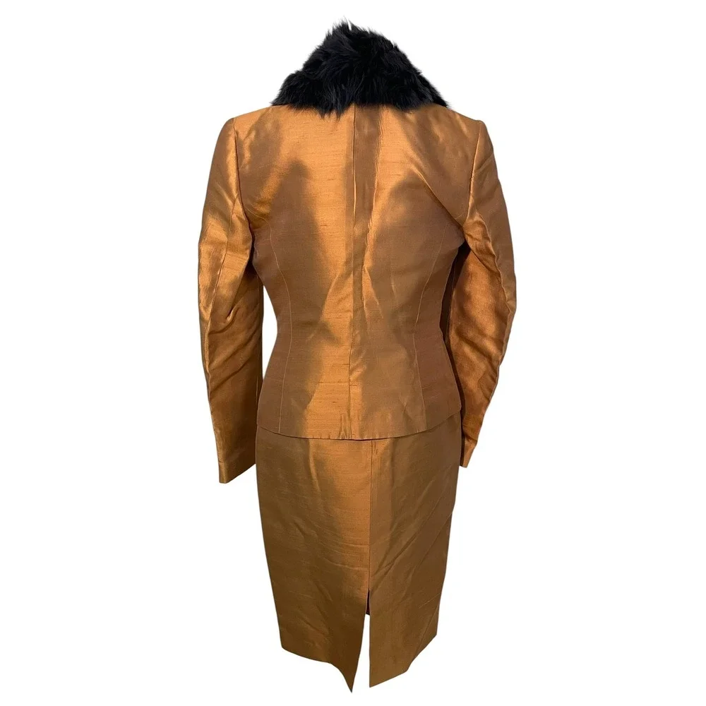 Vtg Luca Luca 3pc Silk Shantung Skirt Suit Set Copper Faux Fur Collar Hollywood